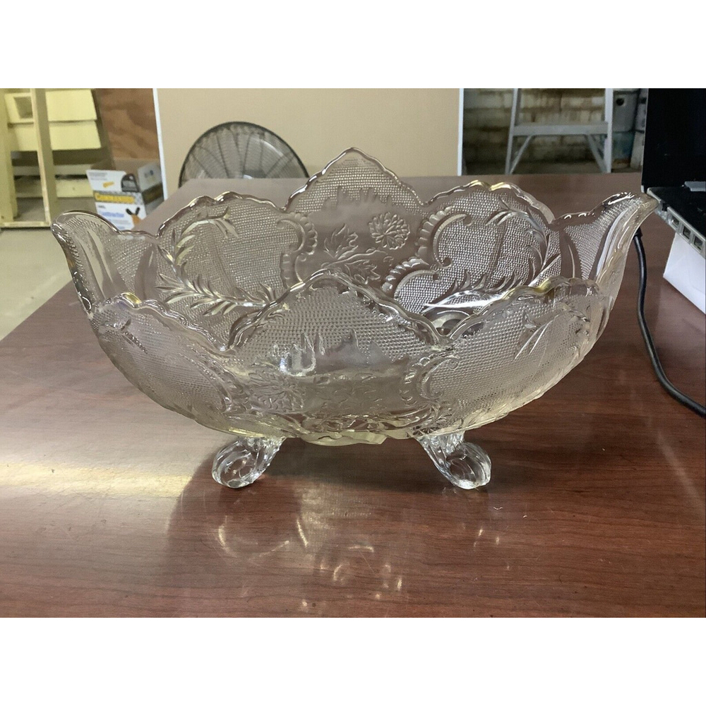 Vintage Jeanette Lombardi Pressed Glass Footed Fruit Bowl Jaded Edges 10"x 6.5”